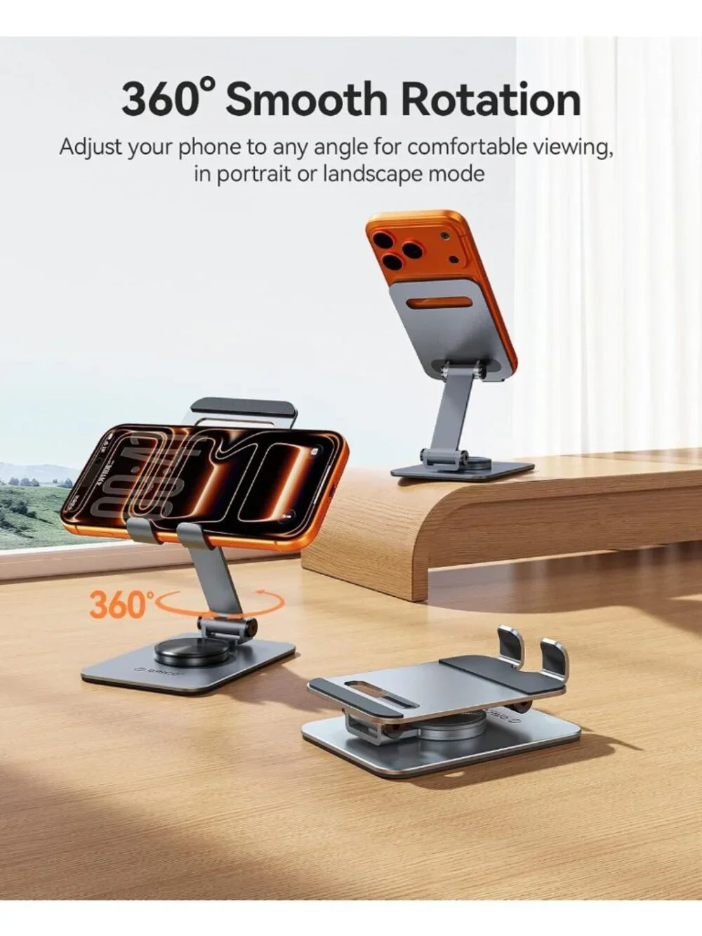 Adjustable Aluminum Phone Stand for Desk, 360° Rotating Metal Holder for